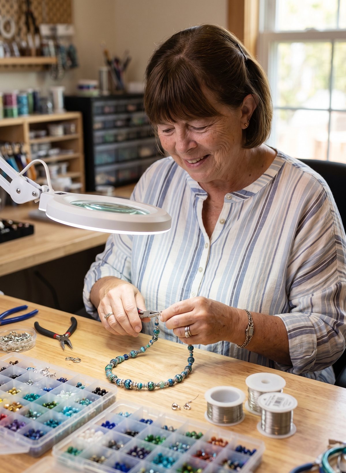 Lavonne Thomas at her workbench, smiling as she finishes a strand of blue glass beads with jewelry pliers